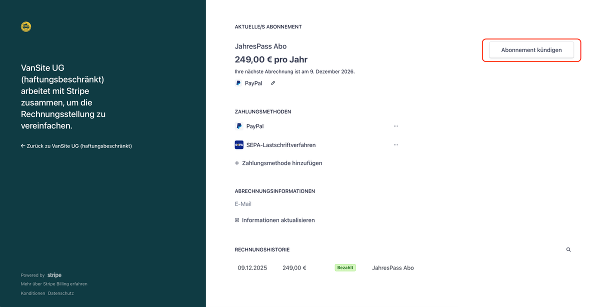 Bestehendes Jahrespass / 25Pass Abo kündigen (Desktop-Variante)